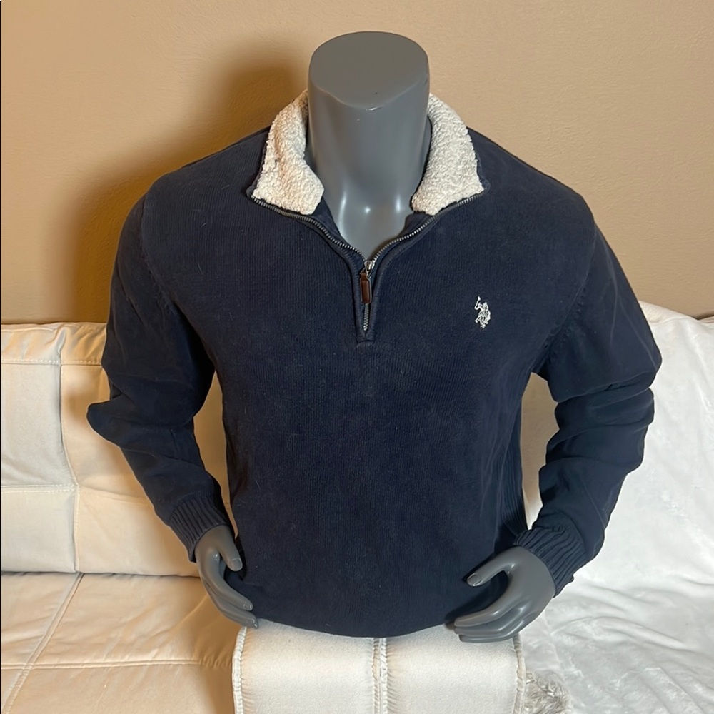 U.S. Polo Assn. Men’s Blue and White Quarter Zip Up Sweater with Sherpa Neck XL